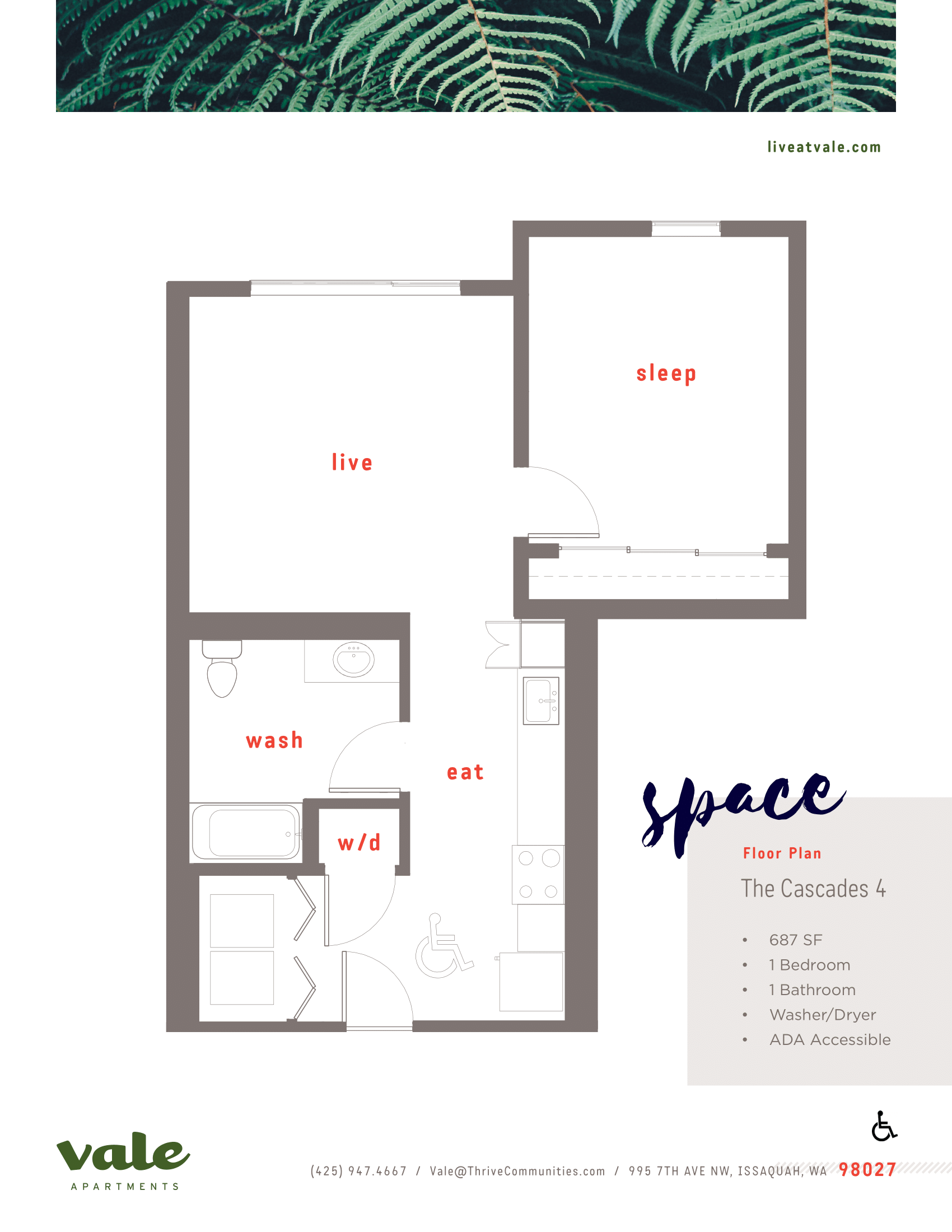 Floor plan for 1 bed, 1 bath, 688 sqft